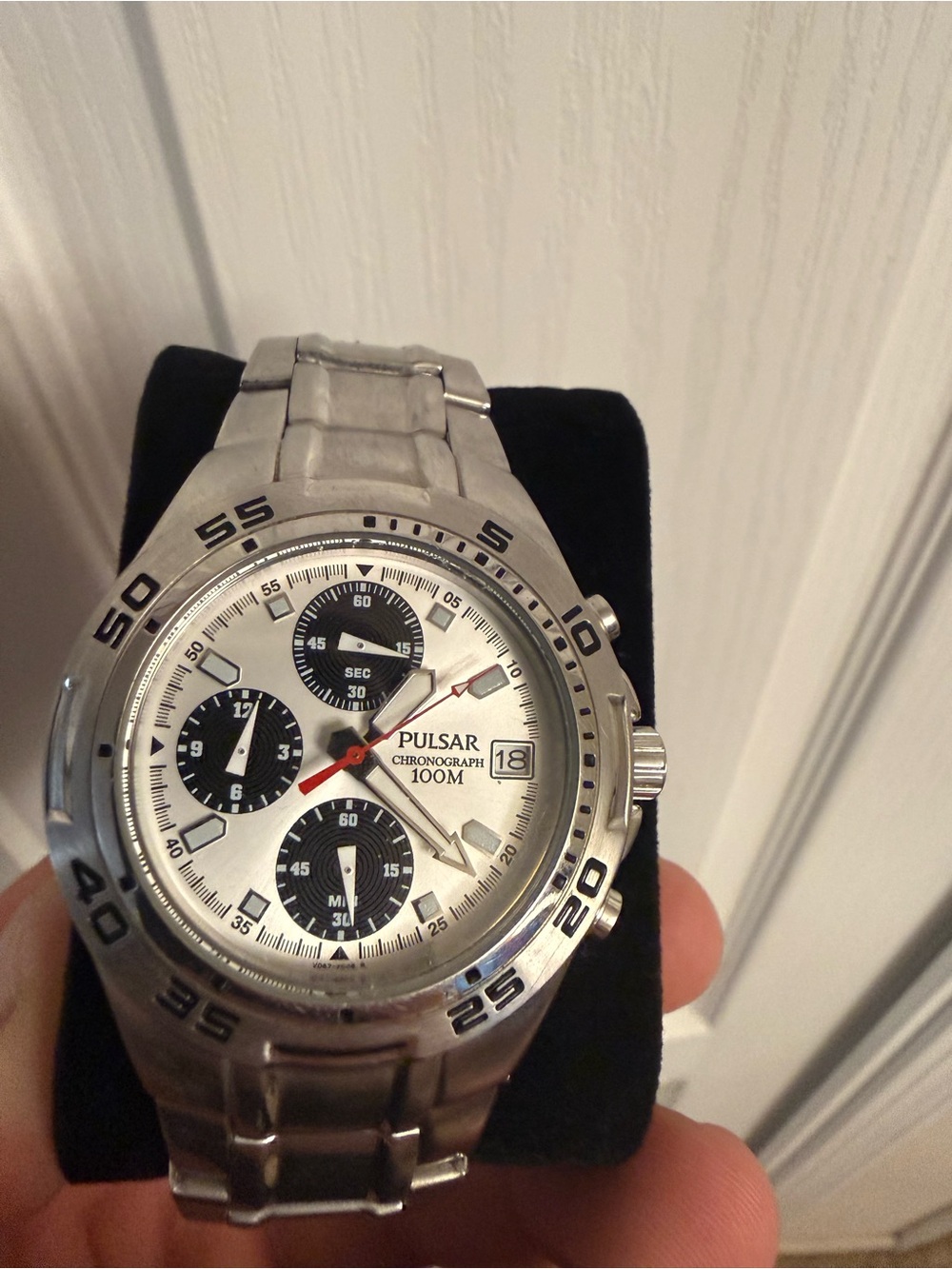 Pulsar Silver Chronograph Watch with Black Subdials and Red Second Hand